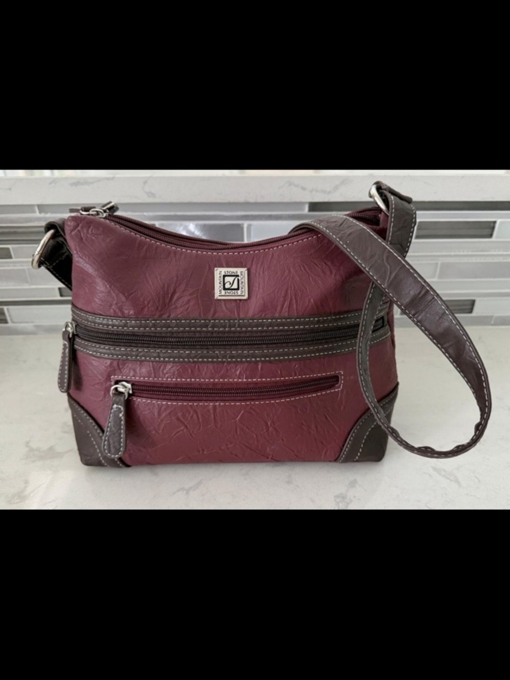 Stone Mountain Burgundy Embossed Faux Leather Crossbody Shoulder Bag | Plaid